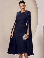 Sheath / Column Mother of the Bride Dress Formal Wedding Guest Elegant Scoop Neck Knee Length Stretch Chiffon Long Sleeve with Beading