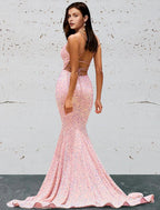Vestidos de fiesta de sirena/trompeta con espalda abierta, cola larga, sin mangas, escote corazón, lentejuelas, espalda descubierta