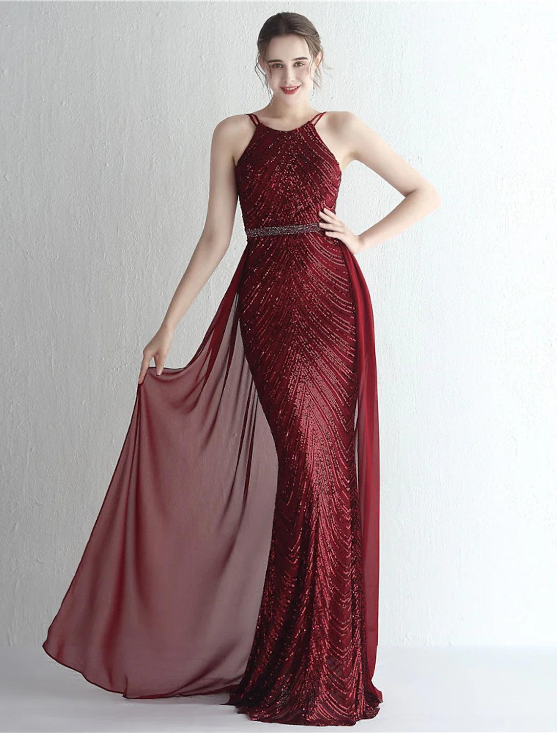 Vestidos de fiesta de sirena/trompeta con brillo y brillo, vestido formal para invitados de boda, largo hasta el suelo, sin mangas, cuello halter, gasa con cuentas y lentejuelas