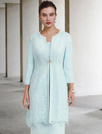 Two Piece Sheath / Column Mother of the Bride Dress Church Elegant Jewel Neck Knee Length Lace Stretch Chiffon Half Sleeve Jacket Dresses with Crystal Brooch