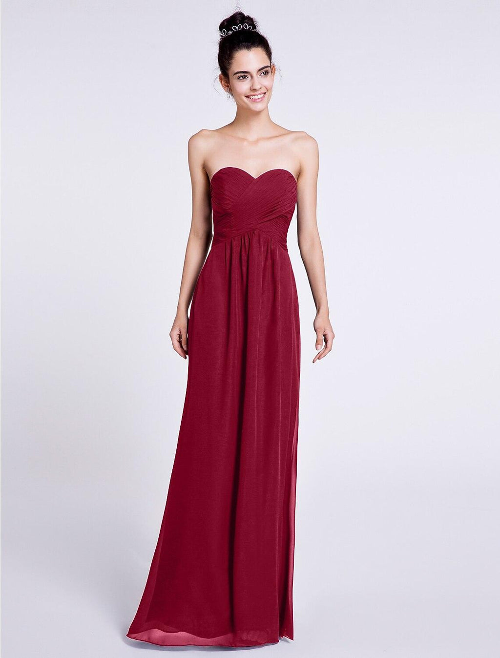 Etui-/Säulen-Brautjungfernkleid, herzförmiger Ausschnitt, ärmellos, elegant, bodenlang, Chiffon mit Criss Cross