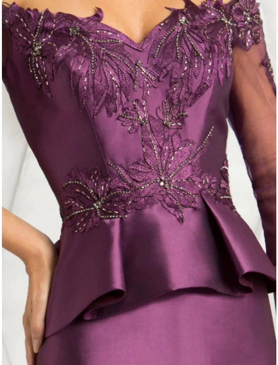 Mermaid / Trumpet Mother of the Bride Dress Wedding Guest Party Elegant Off Shoulder Floor Length Stretch Satin 3/4 Length Sleeve with Lace Sequin Ruching