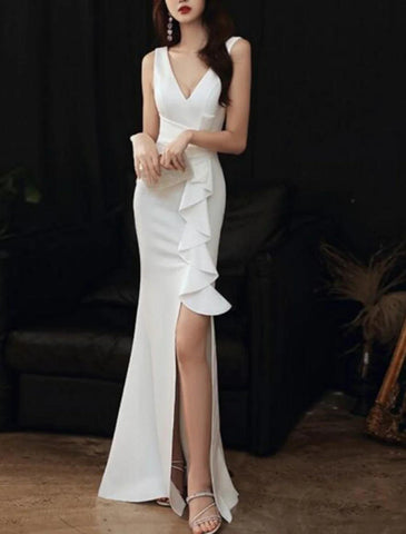 Meerjungfrau/Trompete, minimalistisch, elegant, für Hochzeitsgäste, formelles Abendkleid, V-Ausschnitt, ärmellos, bodenlang, Stretchstoff mit Rüschen, Schlitz