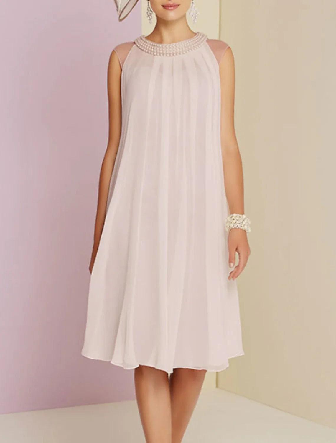 Etui-Linie/Säulenkleid für die Brautmutter, Hochzeitsgast, elegant, Rundhalsausschnitt, knielang, Chiffon, ärmellos, mit Falten, Perlenstickerei