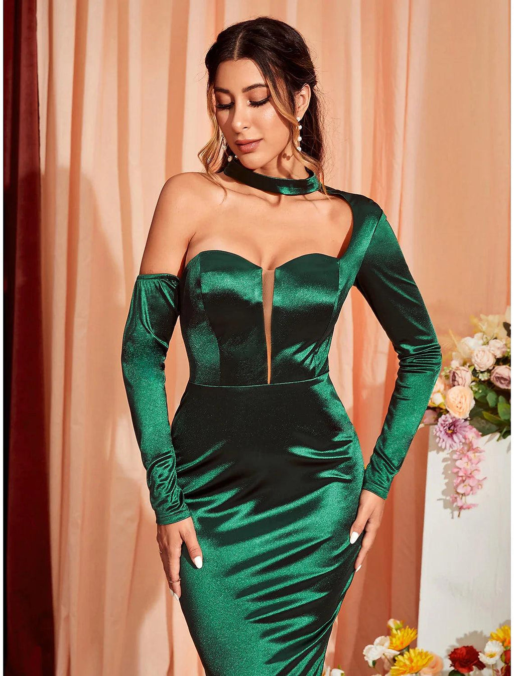Meerjungfrau/Trompete Partykleider Sexy Kleid Hochzeit Party Semi Formal Tee Länge Langarm Eine Schulter Stretch Satin mit gerafftem Schlitz