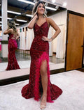 Vestidos de fiesta de sirena/trompeta con brillo y destellos, vestido formal para boda, fiesta, cola de corte, sin mangas, cuello en V, lentejuelas, espalda descubierta con abertura de lentejuelas