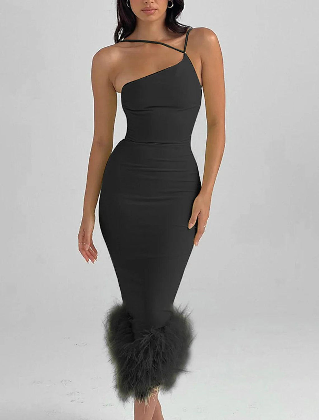 Meerjungfrau/Trompete Partykleider Sexy Kleid Hochzeitsgast Homecoming Tee-Länge Ärmellos Ein Schulter Polyester mit Feder
