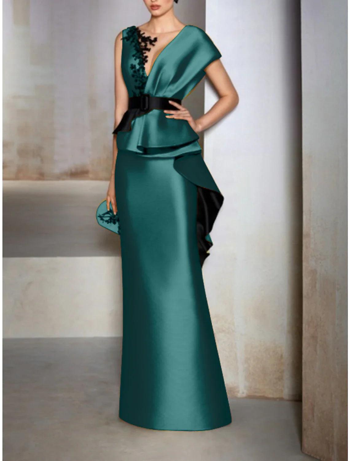 Gelbes Etuikleid/Säulen-Abendkleid aus Satin, Champagner, elegantes schwarzes Kleid, formelle Herbst-Bodenlänge, kurze Ärmel, V-Ausschnitt mit Rüschen, Stickerei-Applikationen