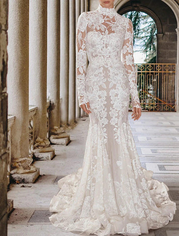 Verlobungs-formelle Herbst-Boho-Brautkleider Meerjungfrau/Trompete, hoher Hals, lange Ärmel, Hofschleppe, Spitze, Brautkleider mit Applikationen