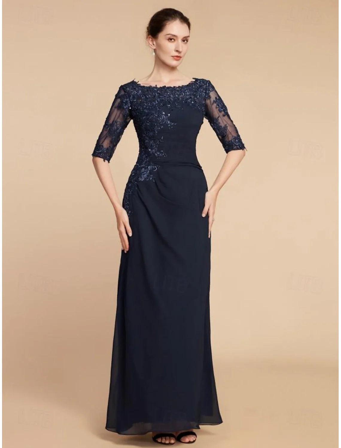 NumberSea-Wedding Guest Elegant Scoop Neck Ankle Length Chiffon Lace Half Sleeve with Sequin Solid Color Mother of the Bride Dress