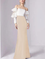 Vestido de noche estilo sirena/trompeta, minimalista, para invitados de boda, de compromiso, largo hasta el suelo, mangas 3/4, cuello joya, tejido elástico con pliegues y volantes.