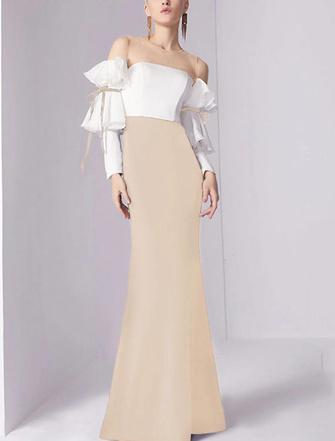 Vestido de noche estilo sirena/trompeta, minimalista, para invitados de boda, de compromiso, largo hasta el suelo, mangas 3/4, cuello joya, tejido elástico con pliegues y volantes.