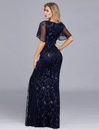 Vestido de noche estilo sirena/trompeta, estilo imperio, para fiesta, formal, de noche, largo hasta el suelo, manga corta, cuello joya, tul con volantes bordados