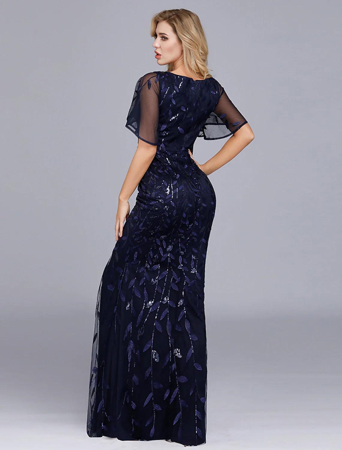 Vestido de noche estilo sirena/trompeta, estilo imperio, para fiesta, formal, de noche, largo hasta el suelo, manga corta, cuello joya, tul con volantes bordados