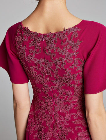 Meerjungfrau/Trompete Kleid für die Brautmutter, U-Boot-Ausschnitt, bodenlang, Chiffon, Spitze, kurze Ärmel, mit Spitze, Schlitz vorne