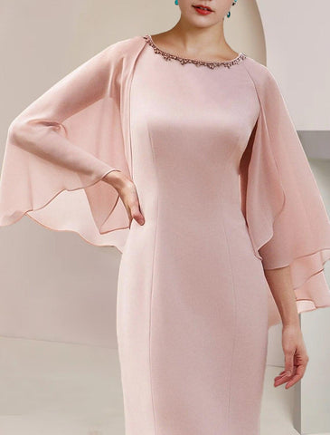 Meerjungfrau/Trompete Kleid für die Mutter der Braut, formelle Hochzeit, Gastparty, Vintage, elegant, Rundhalsausschnitt, asymmetrisch, bodenlang, Chiffon, ärmellos, mit Perlen verziert