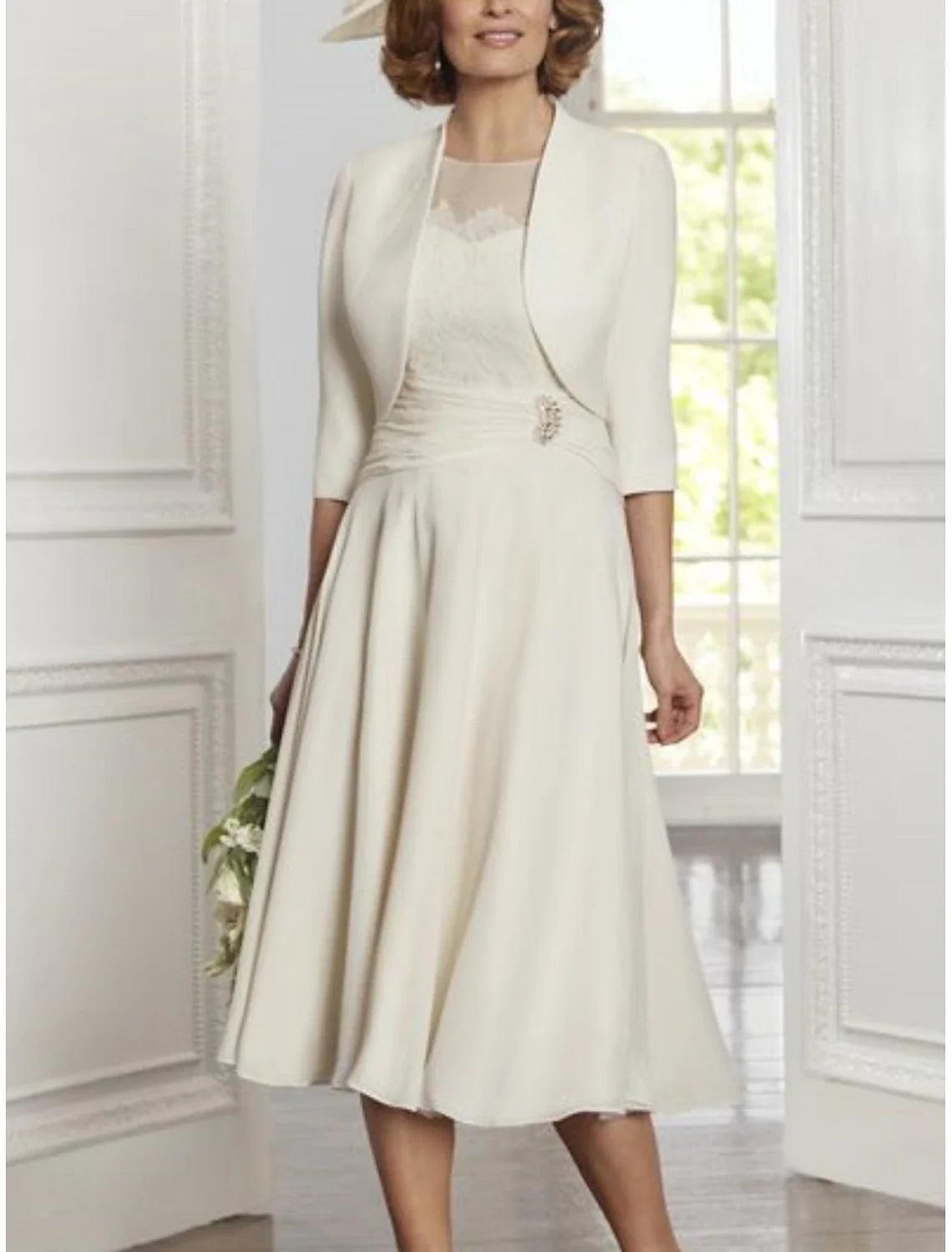 Vestido elegante de dos piezas para madre de la novia, de fiesta, con escote redondo, largo hasta la rodilla, encaje, gasa elástica, manga 3/4 y pliegues con cristales.