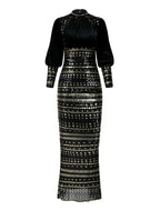 Vestido de noche elegante negro con corte en forma de columna, largo hasta los tobillos, manga larga, cuello alto, tejido elástico con lentejuelas.
