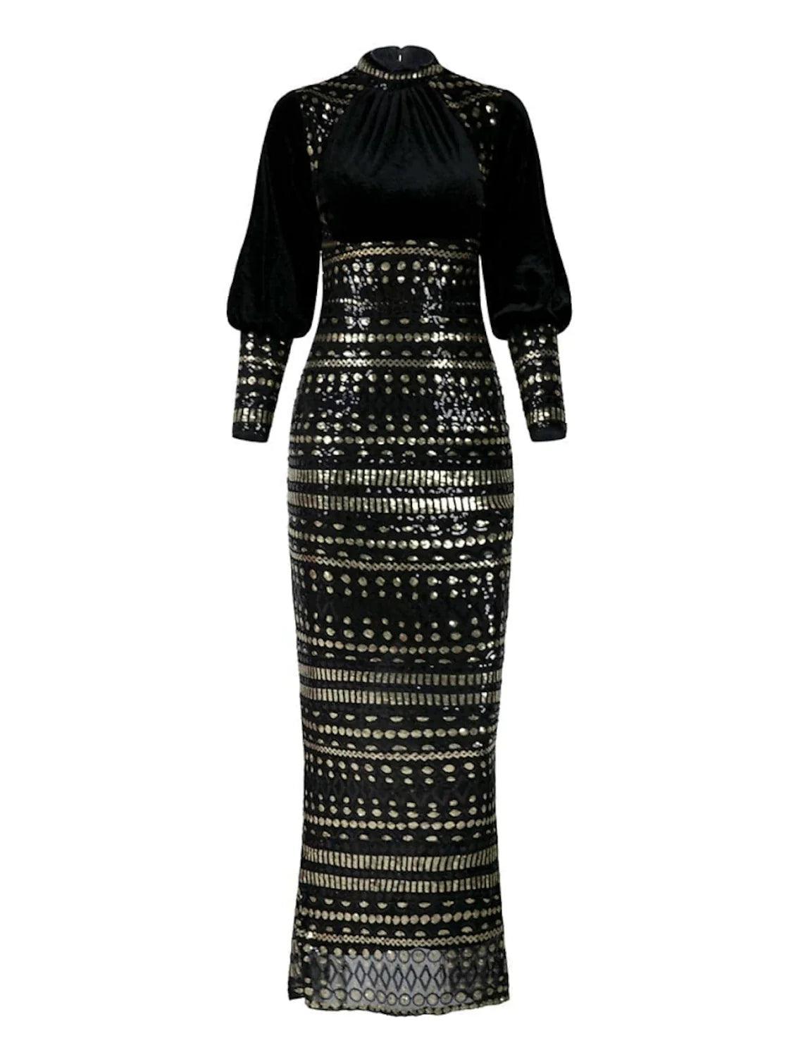 Vestido de noche elegante negro con corte en forma de columna, largo hasta los tobillos, manga larga, cuello alto, tejido elástico con lentejuelas.