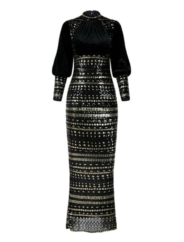 Sheath / Column Evening Gown Black Elegant Dress Formal Fall Ankle Length Long Sleeve High Neck Stretch Fabric with Sequin