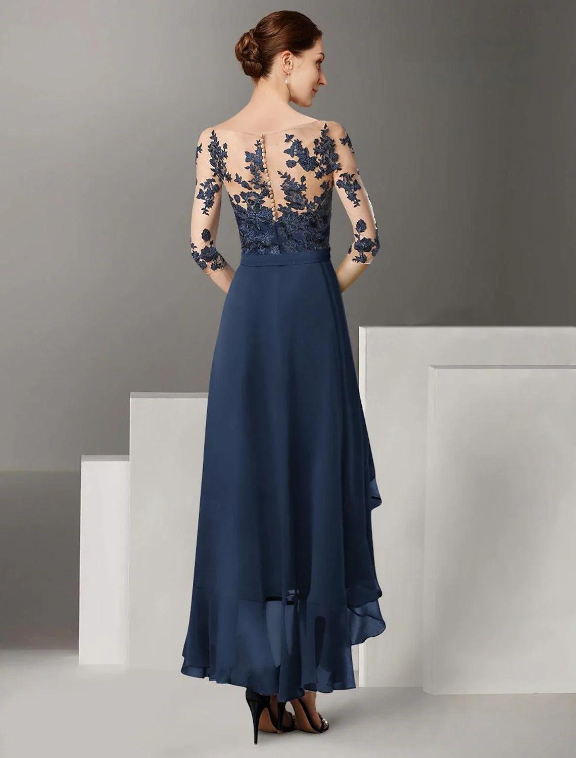 Formelles Hochzeitsgast-Kleid, elegant, schulterfrei, knöchellang, Chiffon, Spitze, halbe Ärmel, mit Faltenapplikationen, Mutter der Braut