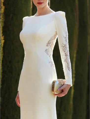 Hall Open Back Royal Style Formelle Herbst-Brautkleider Meerjungfrau / Trompete Rundhalsausschnitt Langarm Sweep / Brush Train Stretch-Stoff Brautkleider mit Volltonfarbe Sommerparty