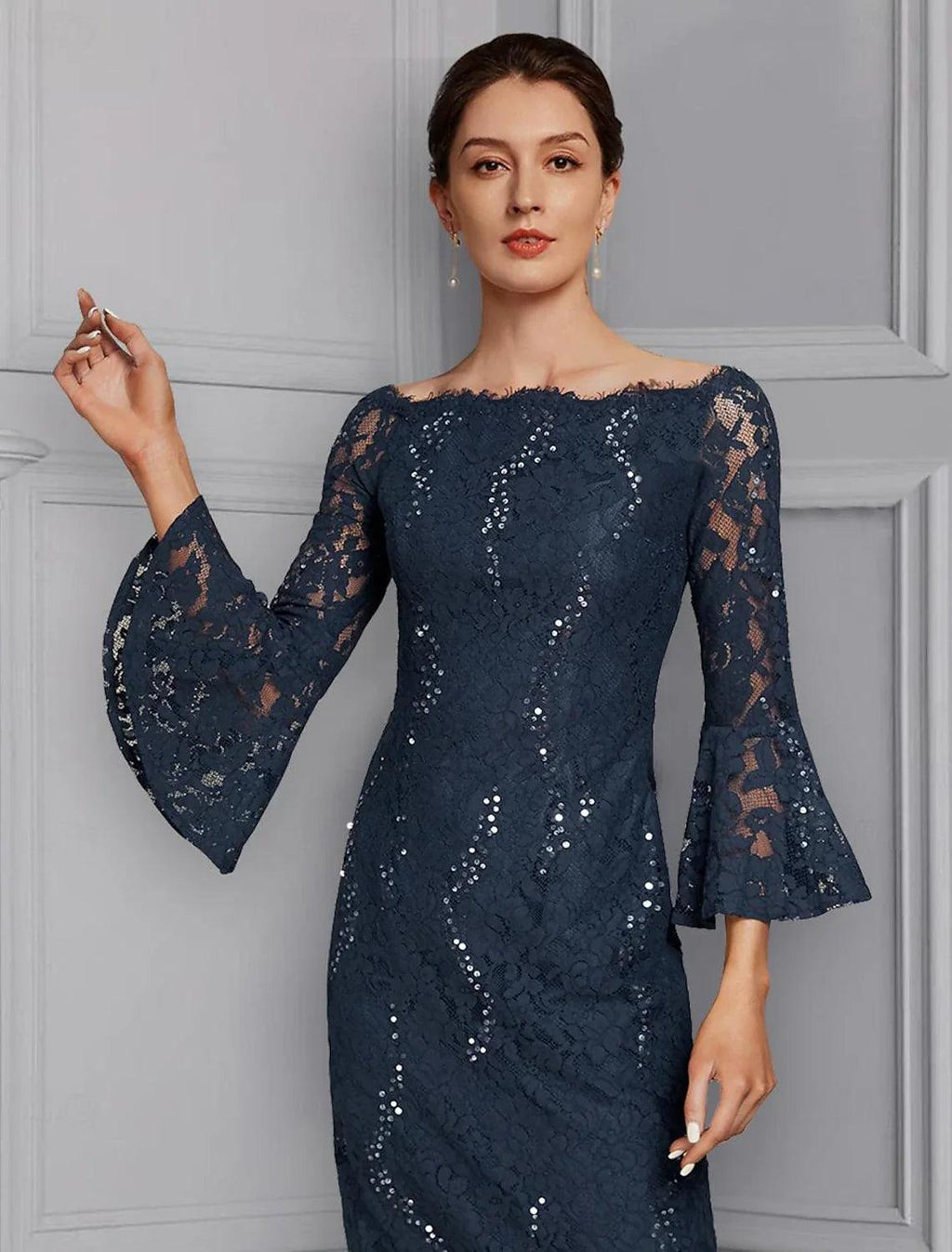Vestido de novia elegante para invitada de boda formal, fiesta, hombros descubiertos, largo hasta la rodilla, de gasa, encaje, imitación seda, manga 3/4 con lazo(s)