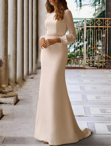 Saal Offener Rücken Lässige Brautkleider Meerjungfrau/Trompete Rundhalsausschnitt Lange Ärmel Sweep/Pinselschleppe Stretchstoff Brautkleider Mit Perlenstickerei Sommer Herbst Hochzeitsfeier