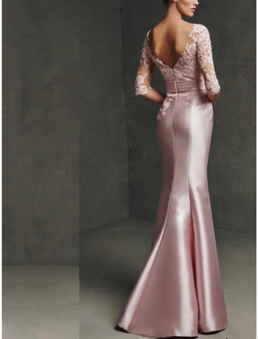 Meerjungfrau/Trompete Kleid für die Brautmutter, formelle Party, elegant, Rundhalsausschnitt, bodenlang, Satinspitze, 3/4-Ärmel mit Falten, Schlitz vorne