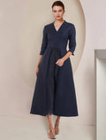 Mono/traje de pantalón para madre de la novia, vestido para invitados de boda, elegante escote en V, largo hasta la rodilla, tafetán, manga 3/4, color liso