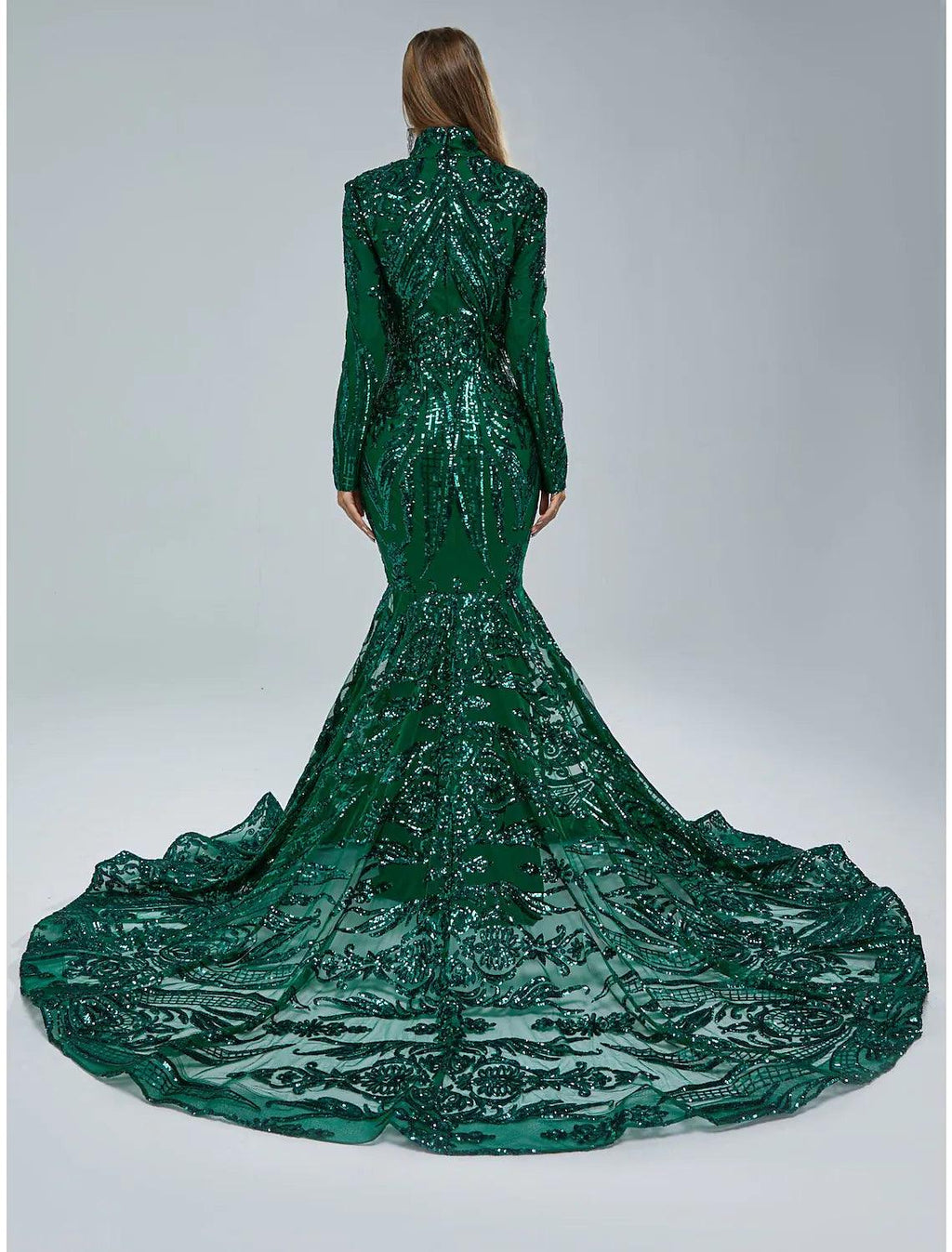 Vestido de noche elegante de sirena/trompeta, vestido de compromiso, cola de corte, manga larga, cuello alto, encaje con lentejuelas