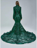 Vestido de noche elegante de sirena/trompeta, vestido de compromiso, cola de corte, manga larga, cuello alto, encaje con lentejuelas