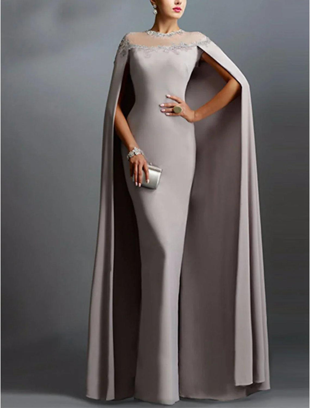 Etui-/Säulen-Abendkleid, elegantes Kleid, formeller Abend, bodenlang, kurze Ärmel, Illusionsausschnitt, Herbst, Hochzeitsgast, Stretchstoff mit Spitzeneinsatz, Applikationen