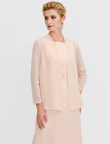 Vestido de dos piezas para madre de la novia, estilo tubo/columna, para invitada de boda, talla grande, elegante, con chaqueta, manga larga, escote redondo, largo hasta la rodilla, gasa, faja/cinta, pliegues y abalorios