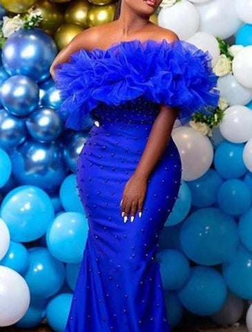 Meerjungfrau/Trompete Abendkleid Sexy Kleid Formeller Hochzeitsgast Sweep/Pinsel Zug Ärmellos Trägerlos Satin mit Perlen