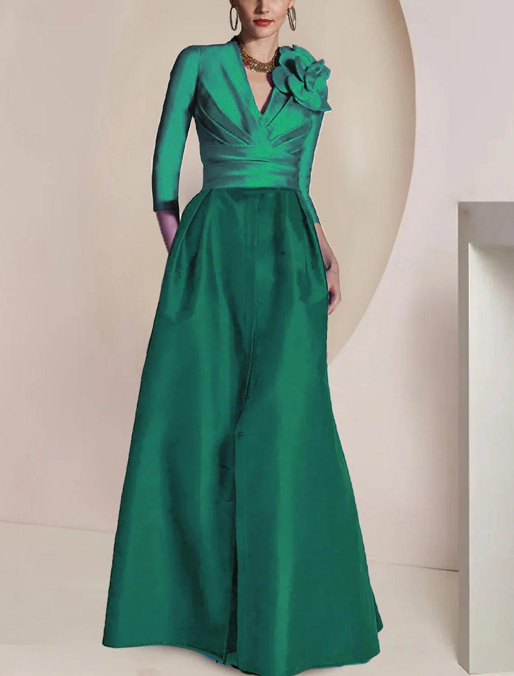 Vestido elegante vintage para invitada de boda, fiesta, escote joya, escote en V, largo hasta el suelo, de gasa, manga 3/4, media manga con drapeado fruncido y abertura frontal para madre de la novia