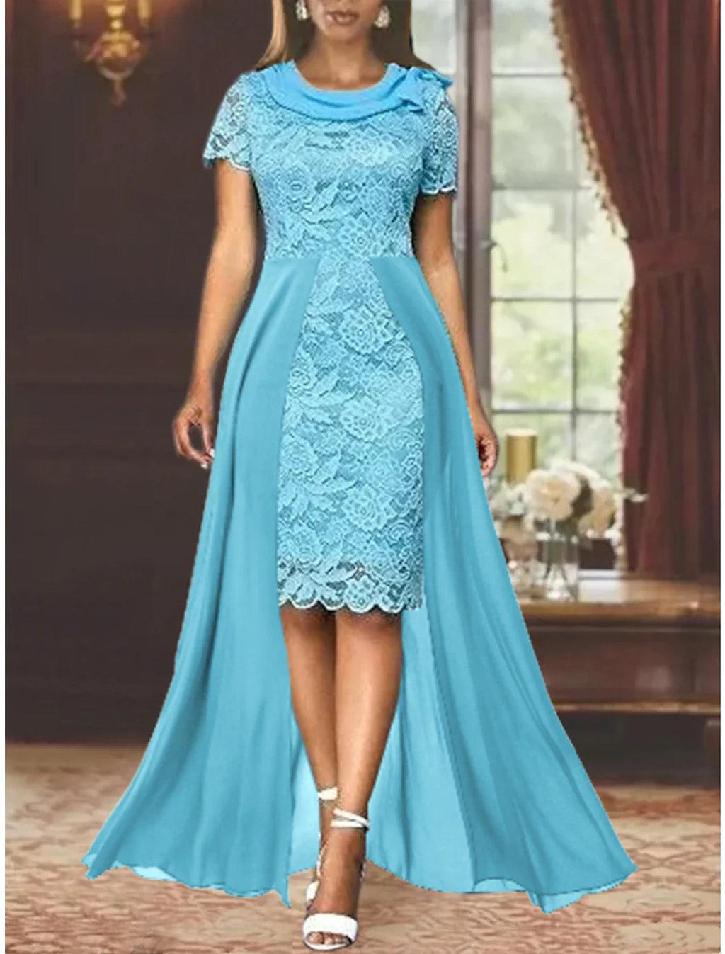 Vestido de madre de la novia con corte tubo/columna, elegante, escote redondo, largo hasta la rodilla, de gasa, con encaje, manga corta y lazo(s).