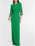 Etui-/Säulen-Abendkleid, elegantes Kleid, formelles Kleid, bodenlang, 3/4-Ärmel, Rundhalsausschnitt, Stretch-Stoff mit Glitzerschlitz