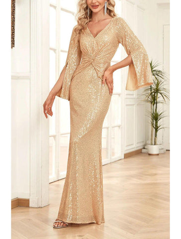 Meerjungfrau/Trompete Kleid für die Brautmutter, Hochzeitsgast, Party, Glitzer und Glanz, U-Ausschnitt, V-Ausschnitt, bodenlang, Pailletten, 3/4-Ärmel mit Rüschen, einfarbig