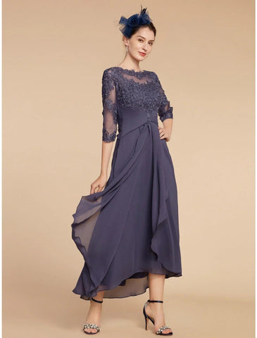 Numbersea A-Linien-Kleid für die Mutter der Braut, für Hochzeitsgäste, elegant, U-Ausschnitt, knöchellang, Chiffon, Spitze, 3/4-Ärmel mit Rüschen, einfarbig