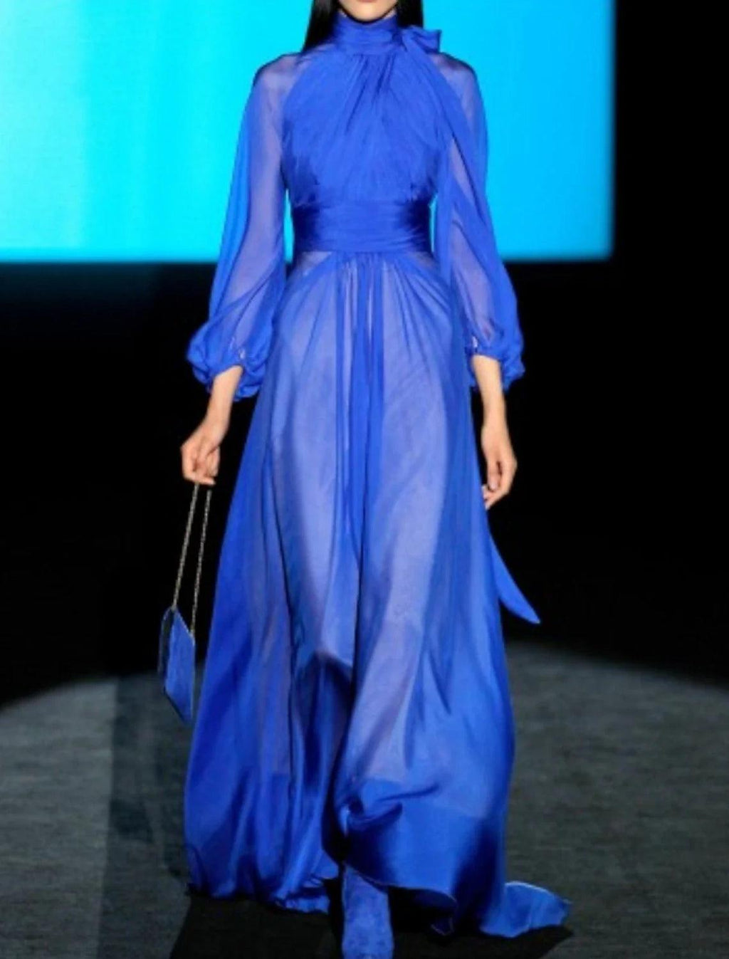 Etui-Linie/Säulenkleid, Maxikleid, elegantes Abendkleid für den Urlaub, hoher Halsausschnitt, 3/4-Ärmel, bodenlang, Chiffon mit Falten