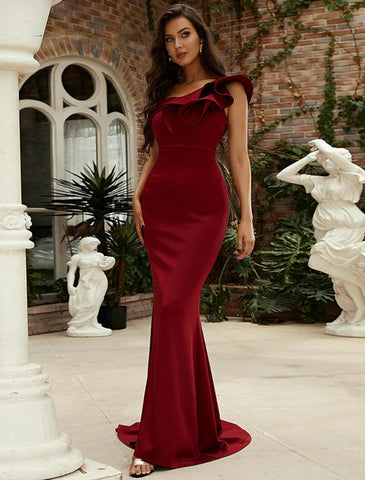 Meerjungfrau / Trompete Abendkleid Sexy Kleid Formeller Hochzeitsgast Sweep / Pinsel Zug Ärmellos Ein Schulter Polyester mit Rüschen