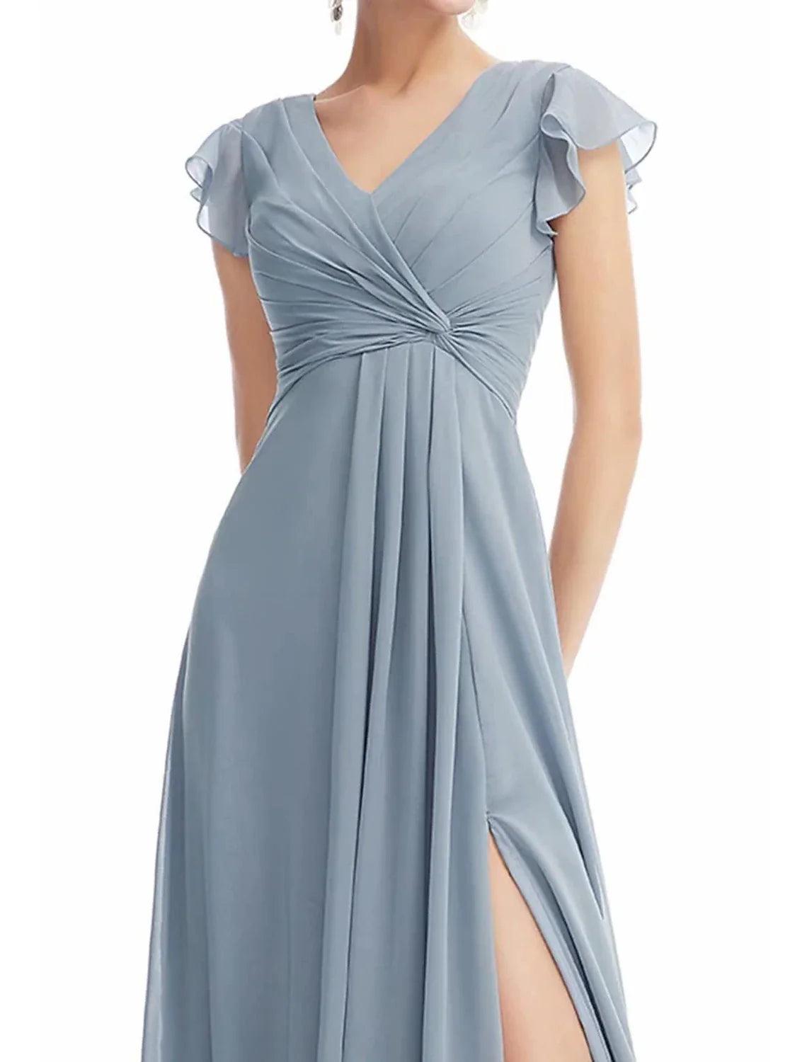 Vestido de dama de honor largo de gasa con escote en V y mangas con volantes, corte imperio, formal, con bolsillos