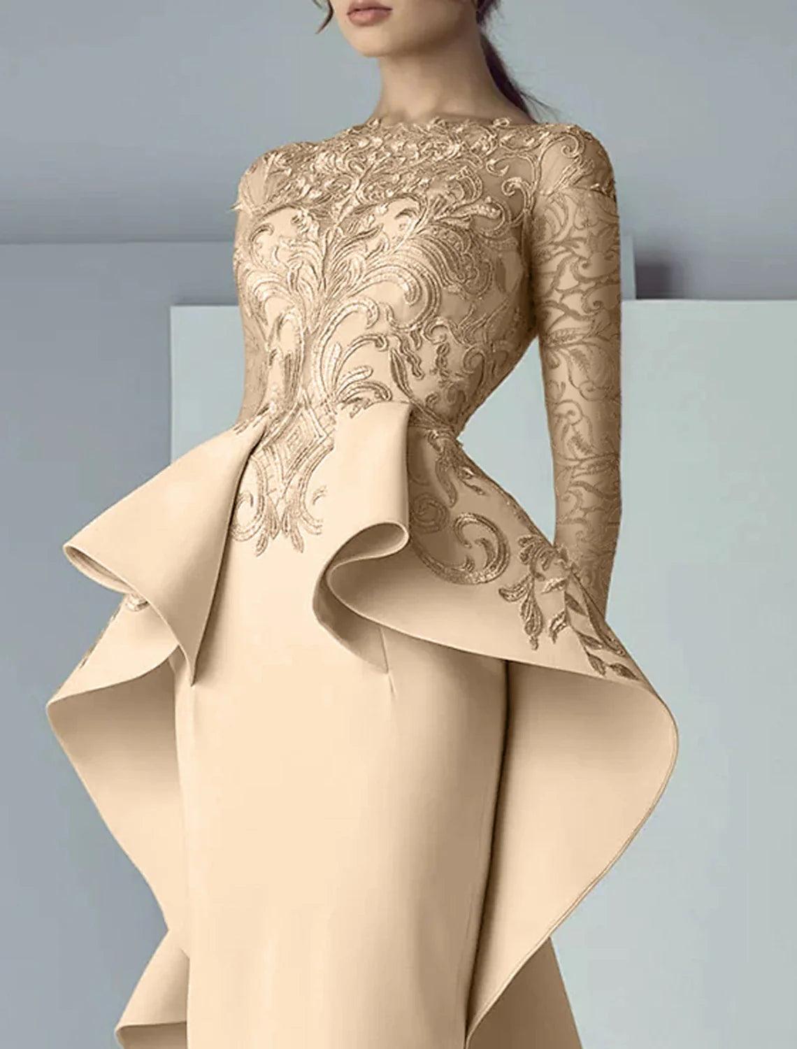 Etui-/Säulenkleid für die Mutter der Braut, formelle Hochzeitsgastparty, eleganter Rundhalsausschnitt, bodenlange Spitze, Stretchstoff, lange Ärmel mit Rüschenapplikationen