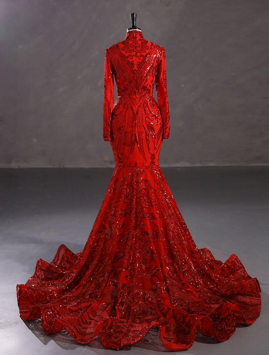 Vestido de noche elegante de sirena/trompeta, vestido de compromiso, cola de corte, manga larga, cuello alto, encaje con lentejuelas