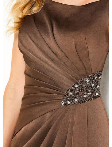 Meerjungfrau/Trompete, elegantes formelles Abendkleid, U-Ausschnitt, ärmellos, bodenlang, Satin mit gerüschen Kristallen