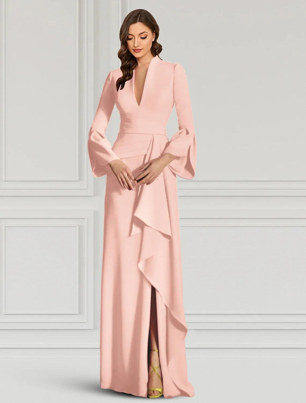 Etui-/Säulen-Abendkleid, elegantes Kleid, formelle Cocktailparty, bodenlang, lange Ärmel, V-Ausschnitt, Herbst, Hochzeitsgast, Stretchstoff mit Rüschen