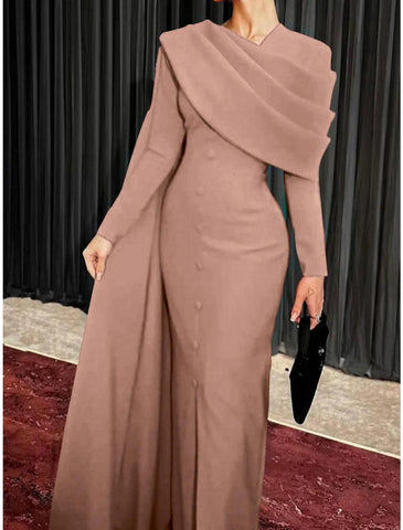 Vestido tubo/columna rojo negro navideño rojo verde vestido de noche elegante capa vestido formal otoño barrido/cola cepillo manga larga cuello vuelto tejido elástico con botones abertura