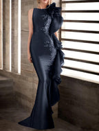 Abendkleid im Meerjungfrauen-/Trompeten-Stil, wunderschönes Rückenkleid, Verlobung, formeller Abend, Schleppe, ärmellos, Rundhalsausschnitt, Herbst, Hochzeitsgast, Stretch-Satin mit Applikationen