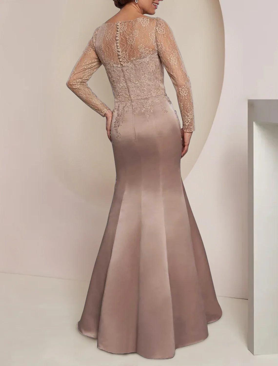 Meerjungfrau/Trompete Kleid für die Mutter der Braut, Hochzeitsgast, Party, elegant, Rundhalsausschnitt, bodenlang, Kunstseide, lange Ärmel, mit Spitzenfalten